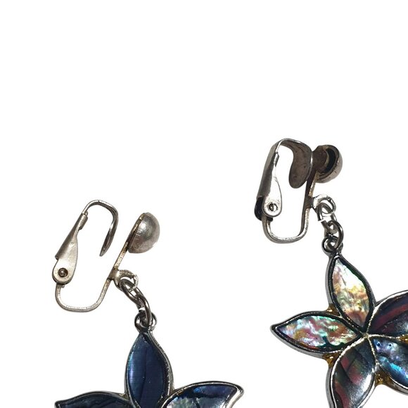 Vintage Silver Tone Abalone Shell Inlay Flower Clip On Earrings Boho Beach Core - Picture 4 of 5